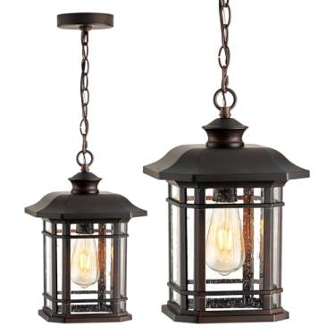 Imagem de VIANIS Luzes pendentes grandes ao ar livre para varanda, luz suspensa de bronze, luz de varanda suspensa à prova d'água para casa, jardim, frente, antiferrugem, 100% alumínio, vidro de semente