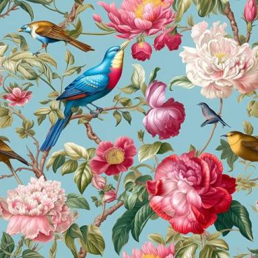 Imagem de WalRiddle Papel de parede vintage rosa azul peônia floral pássaros descascar e colar fácil de remover papel de contato adesivo em papel de parede para banheiro, impermeável, adequado para locatários