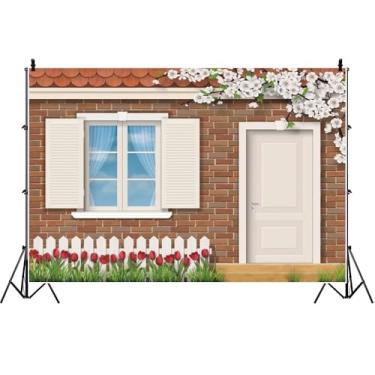 Imagem de Yeele Pano de fundo de casa rural de primavera de 2,7 x 1,8 m para fotografia, cerca de tijolos vermelhos, tulipas vermelhas, flores brancas, fundo frontal rústico para aniversário, crianças, adultos