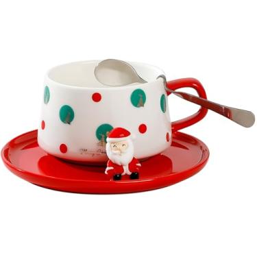 Imagem de J.Ehonace Conjunto de caneca e pires de café de cerâmica de Natal colorido com colher removível - Papai Noel, design de homem e estrela de gengibre, decoração de casa festiva e presente (bolha)