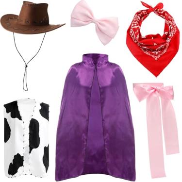 Imagem de Mepase 6 peças de fantasia de cowboy de Halloween para homens e mulheres, inclui capa roxa, cinto de pastora, laço rosa, chapéu de caubói ocidental, colete com estampa de vaca para cosplay de
