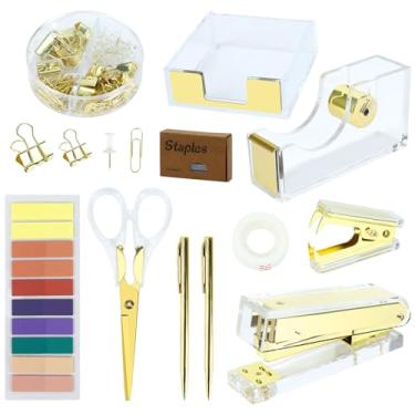 Imagem de Buqoo Grampeador de notas adesivas de acrílico dourado e cortador de fita com removedor de grampo, notas adesivas, clipes de papel, tesoura, caneta esferográfica para escola, casa, material de