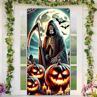 Imagem de BlissYard Capa de Halloween para fotografia de fundo Grim Reaper Jack lanternas morcegos 89 x 189 cm assustador porta assombrada decoração banner para casa, exterior, interior, decoração de festa
