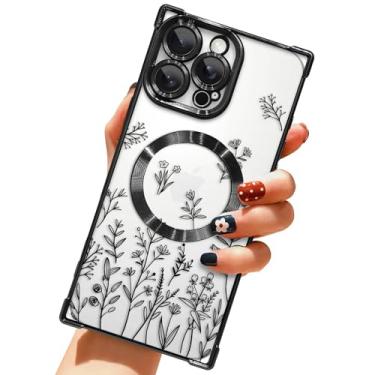 Imagem de LSL Capa para iPhone 15 Pro Max [compatível com MagSafe] Design de padrão floral macio TPU antiqueda à prova de choque protetora fina luxuosa com revestimento floral transparente - preta