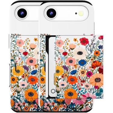 Imagem de MUQR Capa para celular 17 Air compatível com suporte de cartão fofo - Design Kawaii, proteção contra quedas de nível militar, capa carteira robusta para mulheres (flores brancas vibrantes)