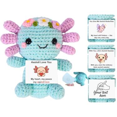 Imagem de Handmade Mini Positive Crochet Animals Customizable Card Set with Positive Messages Emotional Support Crochet Birthday Gift for Woman Men Her him Motivational Desk Decor (Axolotl - Love)