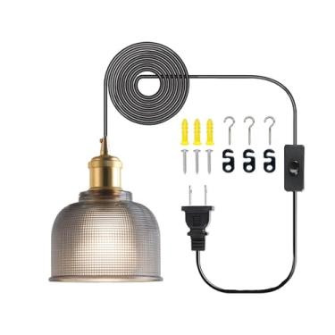 Imagem de AULLAZFR Luminária de teto com pingente de plugue de vidro cinza pesado vintage retrô mini pingente de latão dourado com interruptor liga/desliga cabo de plugue de 3,5 m para cozinha ilha fazenda
