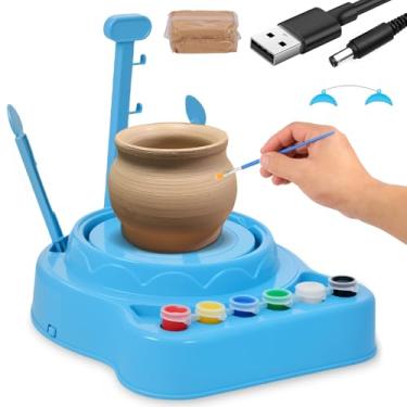 Imagem de Kit de roda de cerâmica infantil, mini roda de cerâmica completa e kit de pintura, kit de artesanato de roda de cerâmica elétrica, máquina de fazer argila DIY com ferramentas de modelagem para adultos