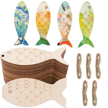 Imagem de HOMOMSAE 150 peças de mini enfeites de peixe de madeira com barbante para pintar recortes de decoração de Natal de Halloween inacabados 9,9 x 3,5 cm, fatias de madeira em branco sem acabamento com