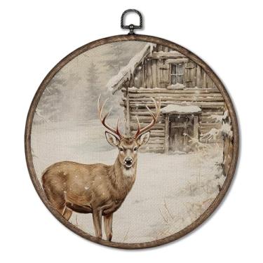 Imagem de Giosve Pôster emoldurado em tela redonda de rena de Natal de inverno, aconchegante rústico com neve, fazenda, veado, esculturas de parede para pendurar em casa, quarto, sala de estar, 25 x 25 cm