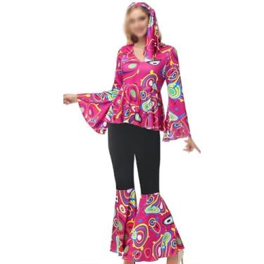Imagem de Multicolorido Imprimir Retro Disco Costume Terno 1970 Hippie T-shirt Calças Com Capacete Halloween Outfits, Rose, XS