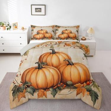 Imagem de Erosebridal Jogo de cama solteiro Happy Thanksgiving Harvest Pumpkin Harvest Pumpkin para crianças, meninos, meninas, estilo casa de fazenda, edredom de plumas, abóbora e folha de bordo