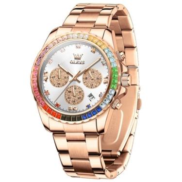 Imagem de OLEVS Relógio de pulso masculino esqueleto para negócios, aço inoxidável, à prova d'água, luminoso, 2939: pulseira de ouro rosa, mostrador branco e ouro rosa