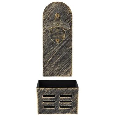 Imagem de Jumiok Abridor de garrafas magnético engraçado com cesta apanhadora de tampa montado na parede conjunto de abridor de cerveja vintage preso à geladeira