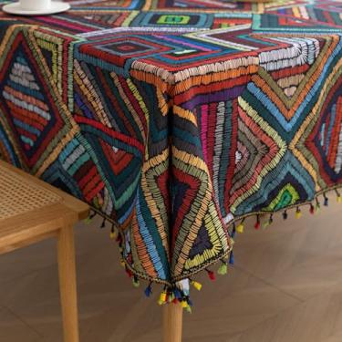 Imagem de Erbnaryx Toalha de mesa com estampa de bloco manual para mesas quadradas, bordas com franjas com padrão geométrico, toalha de mesa decorativa para cozinha, sala de jantar, 150 x 150 cm