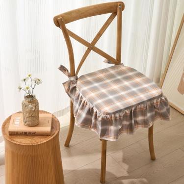 Imagem de vctops Almofada de cadeira xadrez de algodão para cozinha, sala de jantar, fazenda, tartã escocês, almofada de assento fina, espuma macia, antiderrapante, com capa removível (cinza laranja, 40,6 x