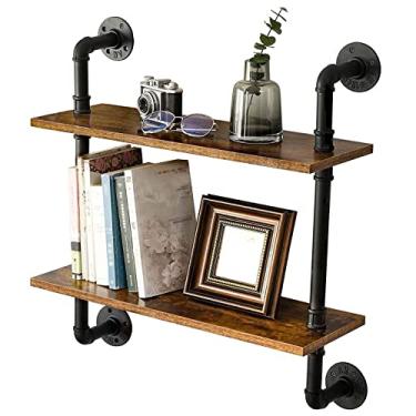 Imagem de Prateleiras de tubos industriais prateleiras flutuantes de parede, prateleira de madeira rústica montada na parede para decoração e armazenamento de sala de estar 63,5 cm, 2 camadas