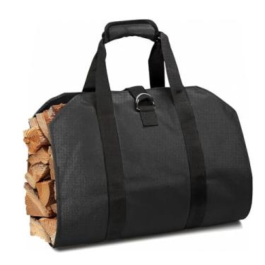 Imagem de Vilnemenes Bolsa de transporte de lenha resistente - Bolsa de lona impermeável com alças acolchoadas e alça de segurança para acampamento na lareira, preta