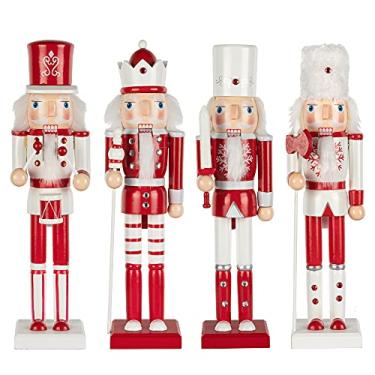 Imagem de KI Store Conjunto de 4 bonecos de madeira Quebra-Nozes de Natal vermelho e branco de 38 cm para decorações de Natal