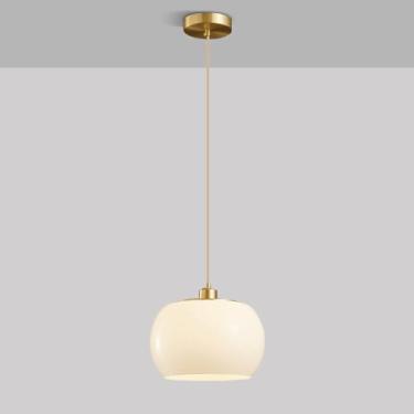 Imagem de YQSLQZZ Luminária pendente japonesa vintage para sala de jantar, luzes de teto penduradas em latão com persianas de vidro acima da mesa de jantar lustre de iluminação