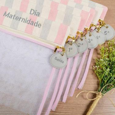 Imagem de Kit Saquinho Maternidade Listrado Palha com Rosa 6 Peças - Talismã
