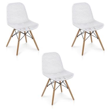 Imagem de Cadeira Sala de Jantar kit 3 Eloisa Base Madeira Branco R02 - D'Rossi
