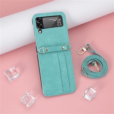 Imagem de Estojo de couro com compartimento para cartão integrado com cordão para Samsung Galaxy Z Flip 3 4 5 Flip5 Capa protetora para telefone, verde, para Samsung Z flip5