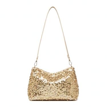 Imagem de MZHOPEHB Bolsa de ombro feminina de lantejoulas dourada com glitter, bolsa tiracolo brilhante para noite, bolsa clutch para festa, casamento ou jantar