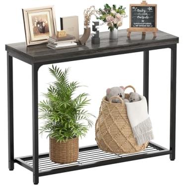 Imagem de Besiost Mesa de console, mesa de entrada, mesa de sofá com prateleiras de malha, mesas de console para sala de estar, quarto, corredor, entrada, hall de entrada (2 camadas, cinza carvalho, 81 cm)
