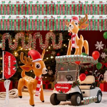 Imagem de Hungdao 9 peças de decorações de desfile de carrinho de golfe de Natal incluem 1 peça de rena gigante inflável de 1,2 m com bandeira de estamparia guirlanda para decoração de Natal, carro, quintal