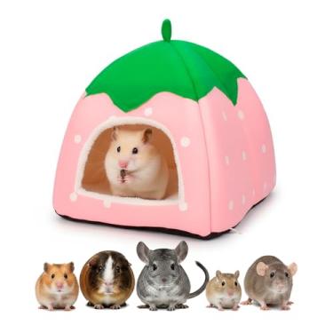 Imagem de Cabana de morango aconchegante para porquinhos-da-índia e coelhos anões, ninho de dormir de lã ultramacia, lavável na máquina, esconderijo quente, adorável design de frutas, cama de inverno