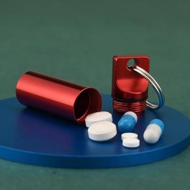 Imagem de Tubo de metal de alumínio portátil, recipiente de comprimidos de metal, caixa de comprimidos portátil hermética, suporte de pílulas para chaveiros, caixa pequena à prova d'água, 2 grandes, 2 pequenos