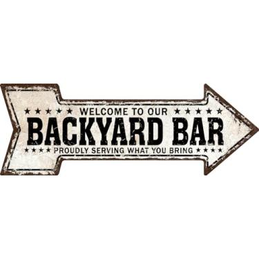 Imagem de Mukuko Sinais engraçados e decoração de quintal, decoração de piscina externa, placas de bar ao ar livre, placa de cerveja, decoração de convés, bem-vindo ao nosso quintal, bar, flecha, estanho, placa