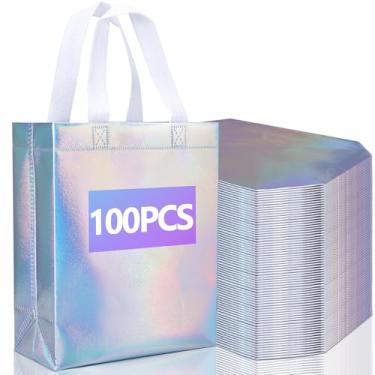 Imagem de NEOACT 100 sacos iridescentes de presente tamanho médio, 19 x 9 x 25 cm, não tecido, holográfico, reutilizável, sacolas de presente com alças, ideal para aniversário, casamento, Natal, lembrancinhas