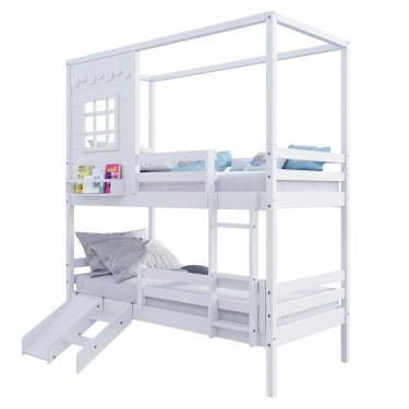 Imagem de Beliche Casinha Reta Com Grade Removível E Escorregador Madeira Maciça Branco Housin