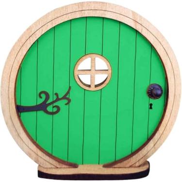 Imagem de Porta verde de jardim de fadas para árvores, portas de fadas para árvores ao ar livre e tronco de árvore, mini escultura de jardim de fadas, decoração de porta de contos de fadas, miniaturas de