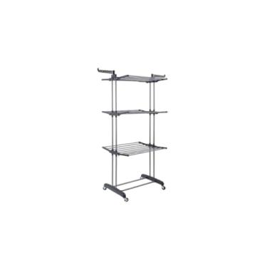 Imagem de Varal de Chão Dobrável, 3 Andares, Cinza, ABS e Aço, 170x70x65cm, 6 Prateleiras com Rodízios, Suporta 48kg, para Apartamentos