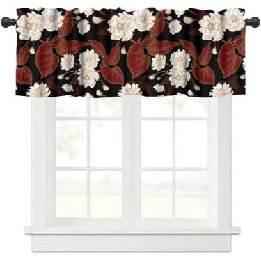 Imagem de Cortina de saia de flor dourada vermelha, boho, folhas florais vermelhas, flores de ameixa, botânica, vintage, estampada, blackout, janela curta, tratamentos para cozinha, sala de estar, quarto, 137 x