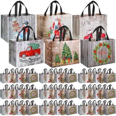 Imagem de Sanwuta 90 sacos de Natal a granel para presentes 32,5 x 25 x 17 cm, sacolas de supermercado, reutilizáveis, bolsos não tecidos com alças para festa de compras de Natal
