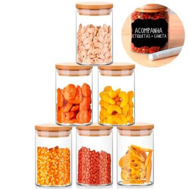 Imagem de Kit de 6 potes herméticos vidro tampa bambu 300ml - KTCH