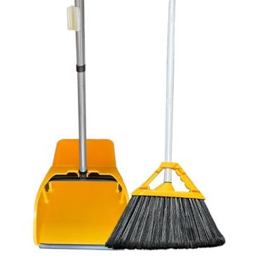 Imagem de Conjunto de vassoura comercial e pá de lixo, pá de lixo jumbo (34,3 cm x 34,3 cm), vassoura resistente (35,5 cm de largura), para limpeza interna e externa, 2 conjuntos, amarelo