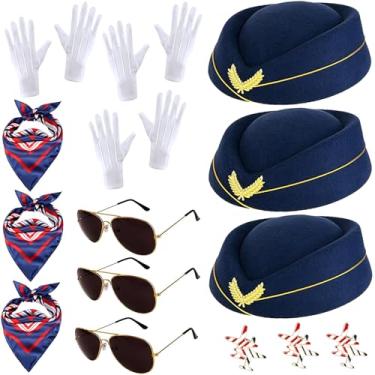 Imagem de JehaYu Acessórios de fantasia de comissária de bordo feminina chapéu de piloto de aeromoça cachecol vestido luvas de óculos de sol para mulheres, Azul-escuro, 18 peças, Medium-18 Pcs