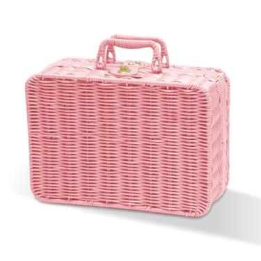 Imagem de Cesta de piquenique de vime, mala decorativa, organizador de maquiagem, cesto de armazenamento vintage, caixa de armazenamento de vime com trava de metal com alças para diversos, viagens, acampamento