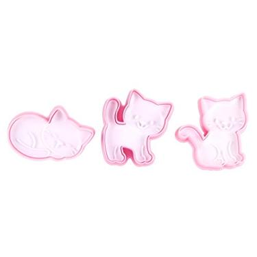 Imagem de Conjunto de moldes de biscoitos em forma de gato de desenho animado, plástico de grau alimentício, acessório de cozimento com cor rosa, para assadeiras