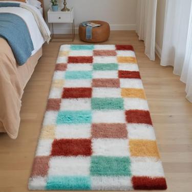 Imagem de PureCozy Tapete quadriculado 5 x 15 cm para quarto, tapete felpudo moderno colorido super macio, lavável, tapetes fofos para sala de estar, cabeceira, sofá, decoração de dormitório de casa, estética