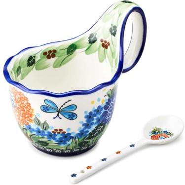 Imagem de Cteaffee Copo de sopa de cerâmica e tigela de sopa com alças - 510 g com colher, tigela de porcelana grande decorativa pintada à mão, para sopa, sorvete, ensopado, lanches, microondas e lava-louças