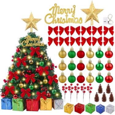Imagem de JOICEE Árvore de Natal pequena de 58 cm com luzes, mini caixa de presente decorada com arco de mesa, bolas, enfeites de copa de árvore de estrela, enfeites para pendurar para decoração interna de