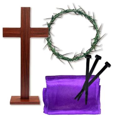 Imagem de MLOLM Decoração de cruz de Páscoa com cachecol roxo e coroa de espinhos e 3 peças de unhas de crucificação - cruz de mesa de madeira com base para igreja, batismo, altar doméstico - presente religioso