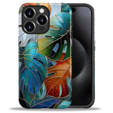 Imagem de Flivro Capa para iPhone 15 Pro Max, capa rígida de policarbonato e amortecedor interno de silicone, antiarranhões, design fino à prova de choque - Mosaico de plantas de folhas coloridas