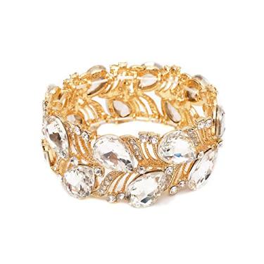 Imagem de Pulseira feminina com elástico para casamento, noiva, lágrima, cristal, folha larga, pulseira, joia para noivas damas de honra, Cristal, Cristal